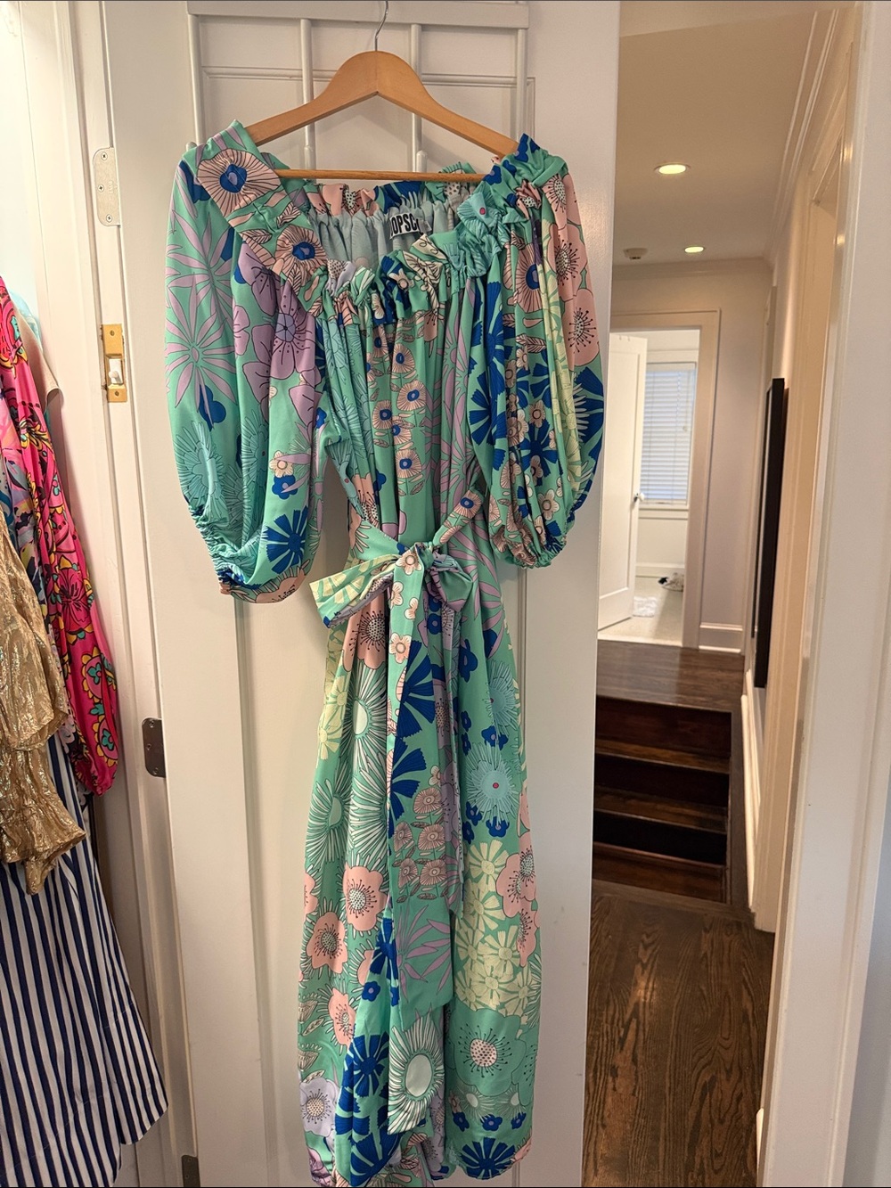NWT Oppscool Floral Off-Shoulder Maxi Dress Mint, Pink & Navy at Anthropology
